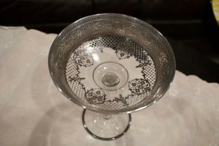 Vintage Clear Glass Sterling Silver Overlay Ornate Compote Candy Dish