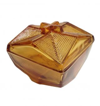 Vintage Amber Glass Mid Century Modern Covered Candy Dish Trinket Box