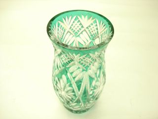 Old Vintage Bohemian Czech Republic Big Green Vase Hand Cut To Clear