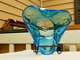 Blenko Blue Mid - Century Modern Hand Blown Aqua And Clear Glass Bowl / Ashtray