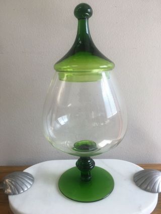 14 1/2” Hand Blown Glass Apothecary Jar Green - Mid Century Modern