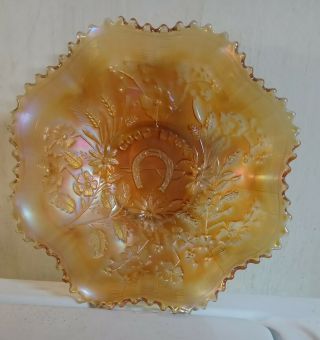 Northwood Good Luck Vintage Carnival Glass Bowl Ruffle Marigold Orange Horseshoe