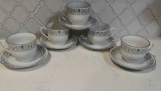Lovely Set Of 5 Tea Cups And Saucers Unknown Maker White With Platinum Trim