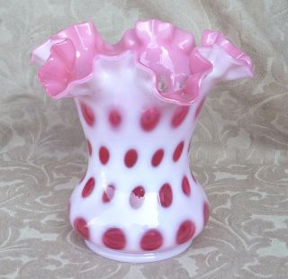 Fenton Art Glass Opalescent Cranberry Coin Dot Ruffled Double Crimped Vase
