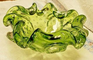 Vintage Murano Art Glass Ashtray Bowl Amber Green Blob Controlled Bubble Ball
