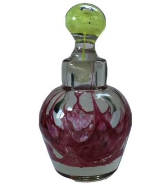 Vintage Hand Blown Glass Perfume Bottle Red Web In Clear / Green Stopper