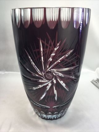 Vintage Large Bohemian Amethyst Purple Cut To Clear Glass Vase 9”