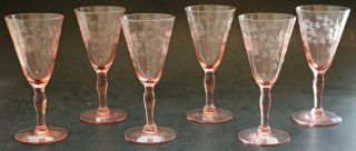 Vintage Set Of 6 Pink Depression Glass Etched Floral Ribbed Stemmed Glasses