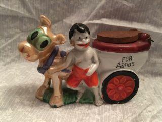 Vintage Ashtray Boy With Donkey And Cart.  Made In Japan.  Raise Lid To Deposit A