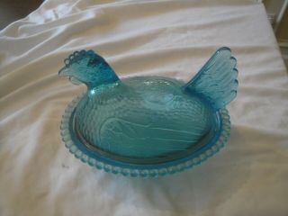 Vintage Indiana Glass Blue Hen Rooster On Nest Covered Candy Nut Dish