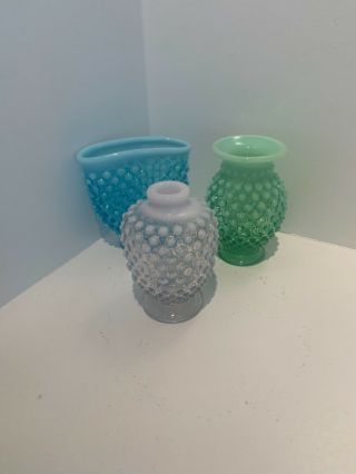 Vintage Fenton Hobnail Opalescent Glass Miniature Vases (3) Blue,  Green,  White