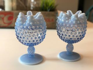 Duncan Miller Hobnail Blue Opalescent Footed Ruffled Rose Bowl Glass Flower Vase