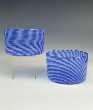Pr Murano Italian Mid Century Modern Blue Mezza Filligrana Art Glass Bowls Tia