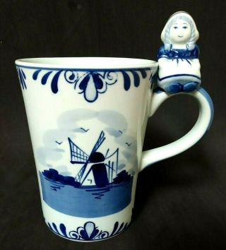 Delft Blauw Holland Mug/cup Hand Painted Windmill Child On Handle