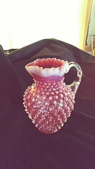Fenton Cranberry Hobnail Opalescent Pitcher Crimped Top 5 1/2 " Tall
