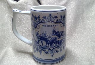 Vintage Heineken Delft Blue White Ceramic Beer Mug Stein Horse Carriage Windmill