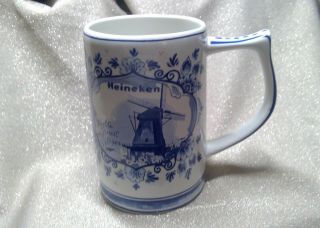 Vintage Heineken Delft Blue White Ceramic Beer Mug Stein Horse Carriage Windmill 2