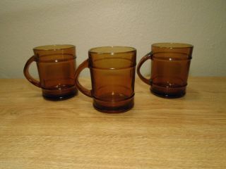 3 Vintage Anchor Hocking Amber Glass Barrel Coffee Mugs