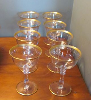 8 Vintage Crystal Stemware Wine Champagne Glasses 4 Bands Of Gold Top Elegant