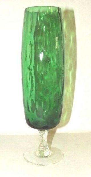 Vintage Mid Century Blown Glass Vase Green With Clear Stem