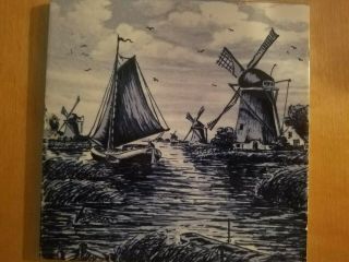 Vintage Delft Blue Windmill Tile Made In Holland Hand Painted