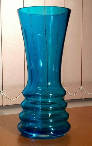 Large Blue Scandinavian Riihimaki Glass Hooped Vase Vintage Retro 70s