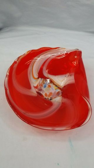 Vintage Murano (?) Ruby Red White Swirls Art Glass Bowl Dish Scallop Edge Shell