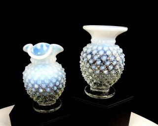 Fenton Art Glass French Opalescent Hobnail 2 Piece 3 5/8 " Mini Bud Vases 1958 - 65