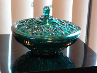 Indiana Carnival Glass Covered Candy Dish In Windsor Buttons & Cane Teal Green