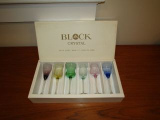 Set Of 6 Block Kaleidoscope Crystal Colorful Cordial Mouth Blown Hand Cut W/ Box