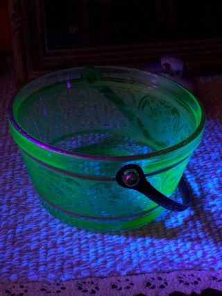 Vintage Depression Era Uranium Green Glass Ice Bucket With Hammered Brass Handle