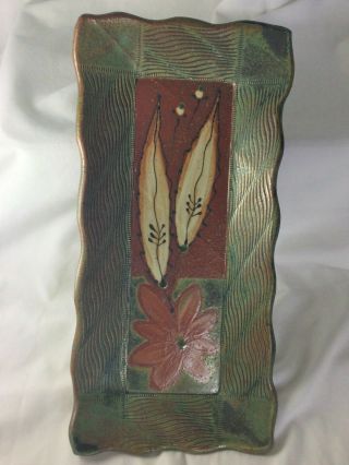 Front Ave Pottery & Tile Tapas Dish/ Bread.  Flower W/leaves,  Greens & Burgandy