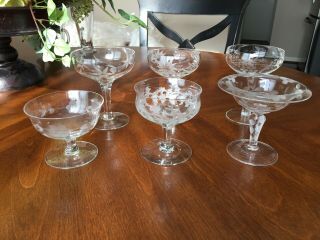 Six (6) Vintage Etched Crystal Champagne Sherbet Glasses Mis - Matched