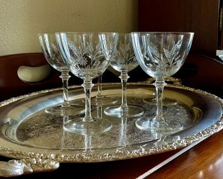 6 Vintage Crystal Champagne Wine Glasses Etched Cut Stemware Toasting Barware