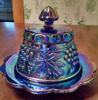 Vintage Mosser Blue Amethyst Carnival Glass Domed Butter Cheese Dish