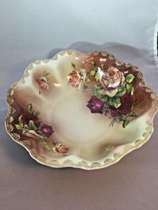 Hand Painted Porcelain Serving Bowl - Brown And Beige With Roses - Gold Trim 10 "