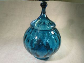 Vintage Large Italian Empoli Kingfisher Blue Glass Lidded Candy Bowl Vase Lovely