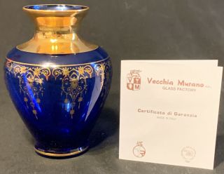 Vintage Vecchia Murano Italy Glass Vase Cobalt Blue 24k Gold Gilt Hand Painted