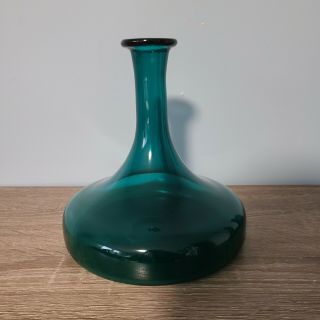 Vintage Midcentury Modern Blue Green Decanter Vase Wide Bottom Glass