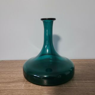 Vintage Midcentury Modern Blue Green Decanter Vase Wide Bottom Glass 2