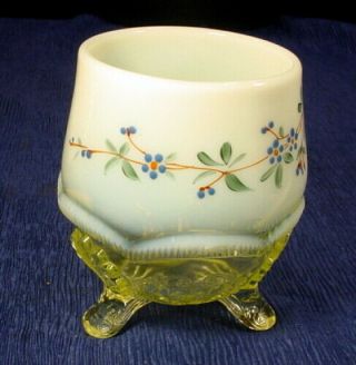 Vintage Custard Enameled Hand Painted Vaseline Glass Footed Dish Compote