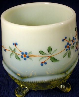 VINTAGE CUSTARD ENAMELED HAND PAINTED VASELINE GLASS FOOTED DISH COMPOTE 2