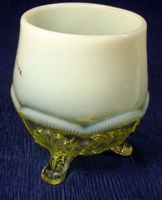 VINTAGE CUSTARD ENAMELED HAND PAINTED VASELINE GLASS FOOTED DISH COMPOTE 3