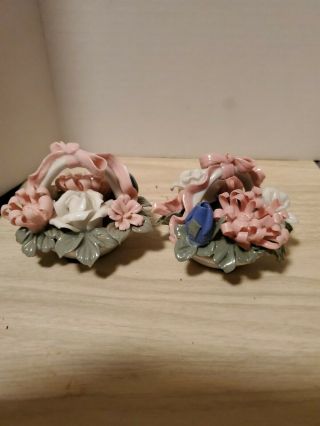 2 Vintage Small Porcelain Ceramic Basket Of Flowers Figurine Pink,  White,  Blue
