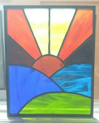 Vintage Hand Crafted Stained Glass Panel Rising Setting Sun For Door Window