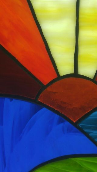 Vintage Hand Crafted Stained Glass Panel Rising Setting Sun For Door Window 2