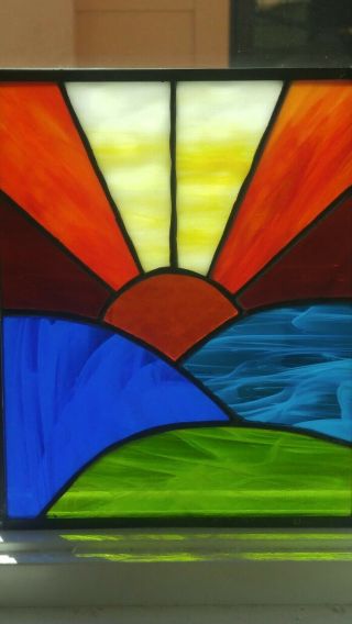 Vintage Hand Crafted Stained Glass Panel Rising Setting Sun For Door Window 3