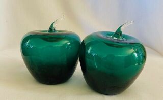 2 Vintage Blenko Handcrafted Art Glass Green Apples Foil Label