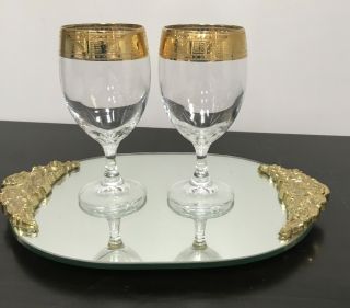 Midcentury Modern Culver Glassware Valencia Set Of 2 Wine Glasses Gold Rim Inlay