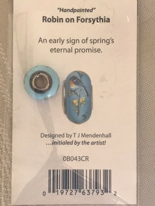 Fenton Art Glass Hand Painted Sterling Silver Core Bead “robin On Forsythia”
